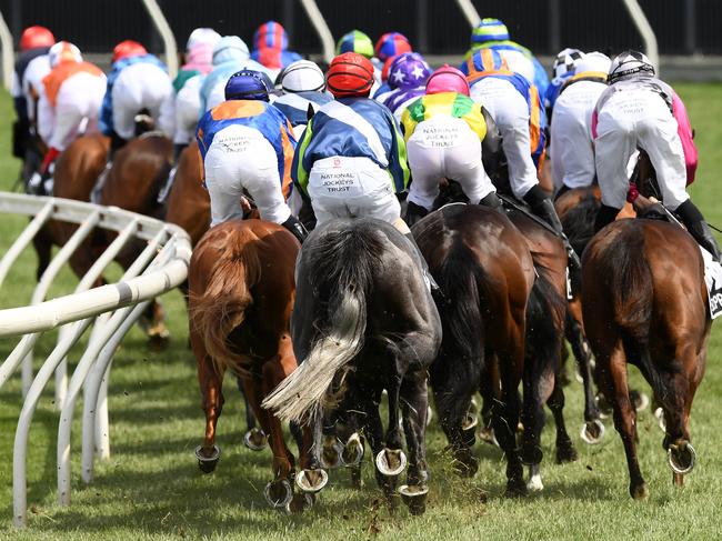 The Melbourne Cup field goes out of the main straight on the first occasion in the big race.