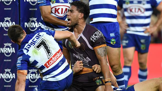 Joe Ofahengaue of the Broncos celebrates scoring a try during the Round 9 NRL match between the Brisbane Broncos and the Canterbury-Bankstown Bulldogs at Suncorp Stadium in Brisbane, Thursday, May 3, 2018. (AAP Image/Dan Peled) NO ARCHIVING, EDITORIAL USE ONLY