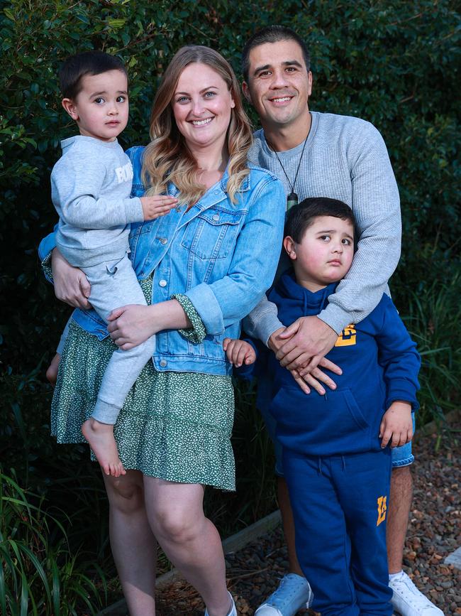 Rachel and Taylor Savage with their children Keanu, 2, and Manaia, 5. The children are autistic and the funding for their eldest son has been slashed by half. Picture: Justin Lloyd.