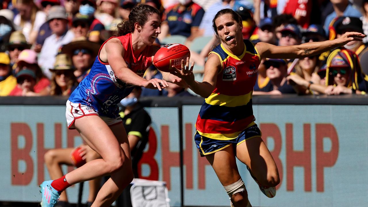 Crow Chelsea Randall, right, once again rendered Tayla Harris ineffective in the AFLW Grand Final. Picture: James Elsby/AFL Photos