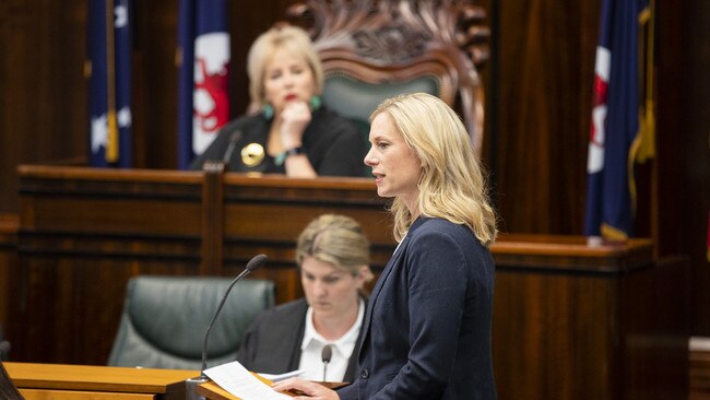 Speaker Sue Hickey listens as Labor leader Rebecca White speaks during Question Time. Picture: RICHARD JUPE