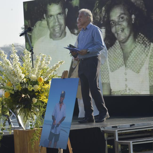 Charlie King does the welcome speech at the funeral service for Jack at Gardens Oval in July this year. Picture Katrina Bridgeford