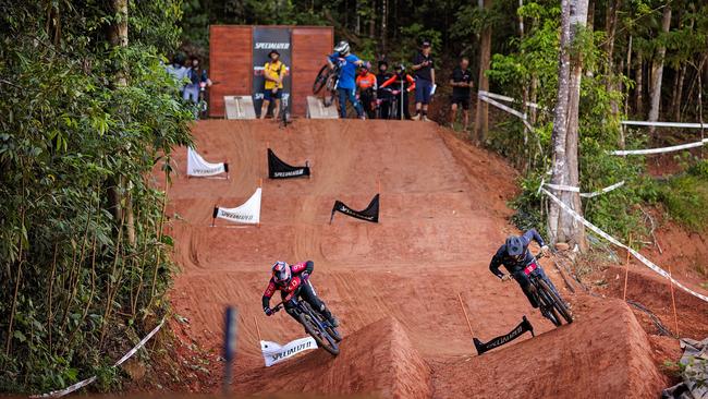 Riders go head to head on the dual slalom course at Crankworx Cairns 2024. Photo: Clint Trahan