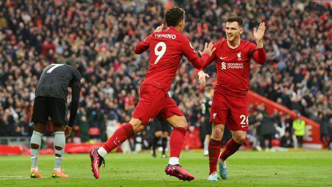 Roberto Firmino of Liverpool celebrates after scoring the team's second goal. Picture: Shaun Botterill/Getty Images