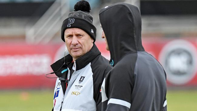 Port Adelaide coach Ken Hinkley and assistant Nathan Basset. Picture: Tom Huntley