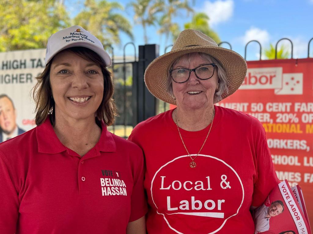 Mackay Labor candidate Belinda Hassan is pictured with her mum Dorothy Colby at the voting booths at St Mary's Catholic Primary School. Picture: Heidi Petith