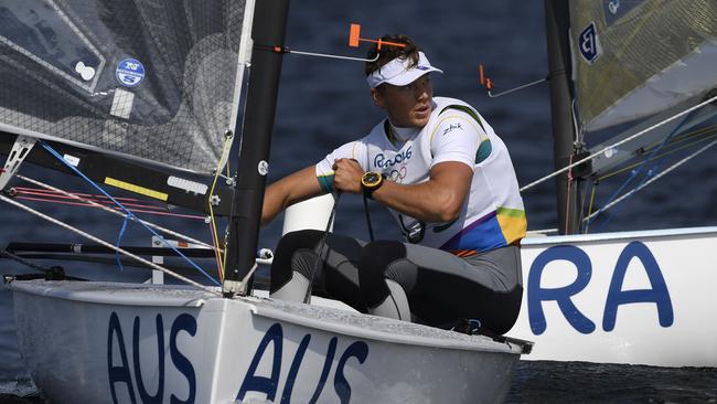 Australia's Jake Lilley competes in the Finn Men sailing class on Marina da Gloria in Rio de Janeiro during the Rio 2016 Olympic Games on August 9, 2016. / AFP PHOTO / WILLIAM WEST