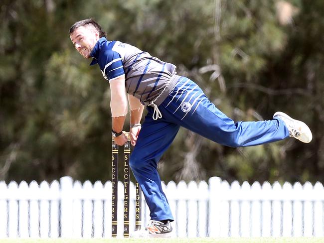 Broadbeach Robina (in blue) vs Southport Labrador cricket at Southport's Golden Wheel Park. Trent Keep. 3 December 2022 Arundel Picture by Richard Gosling