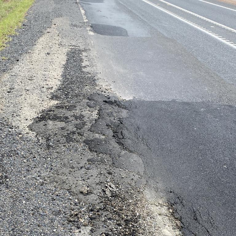Large potholes and unsealed road beside gravel just south of Gladstone's Turich-Mann Bridge, near Benaraby. Picture: Nilsson Jones