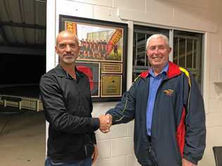 Sunshine Coast Cricket Association re elected President JohnHope thanks Pat Drew for his 30 years of service on the management committee. Picture: Contributed