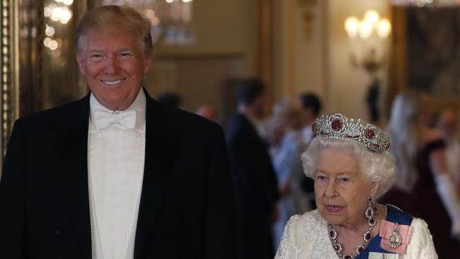 Queen Elizabeth II with US President Donald Trump, ahead of the State Banquet at Buckingham Palace. Picture: AP Photo/Alastair Grant