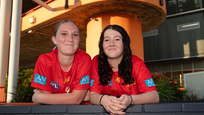 Aila Sefton-Rowston and Mandy Naughton at the Gold Coast Suns vs Geelong Cats Round 10 AFL match at TIO Stadium. Picture: Pema Tamang Pakhrin