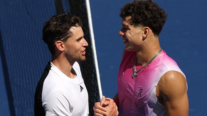 NEW YORK, NEW YORK - AUGUST 26: Ben Shelton (R) of the United States shakes hands with Dominic Thiem (L) of Austria after their Men's Singles First Round match on Day One of the 2024 US Open at the USTA Billie Jean King National Tennis Center on August 26, 2024 in the Flushing neighborhood of the Queens borough of New York City. (Photo by Al Bello/Getty Images)