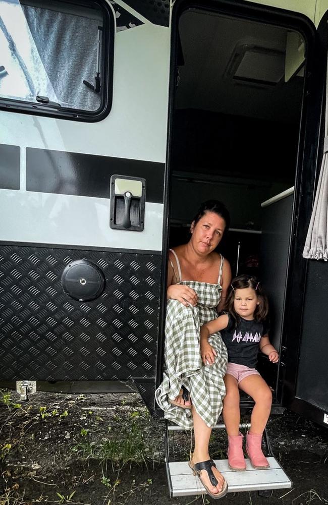 East Lismore resident Crystal Lenane still camping out on her property while her family rebuilds 12 months on from record-breaking floods. Picture: Supplied