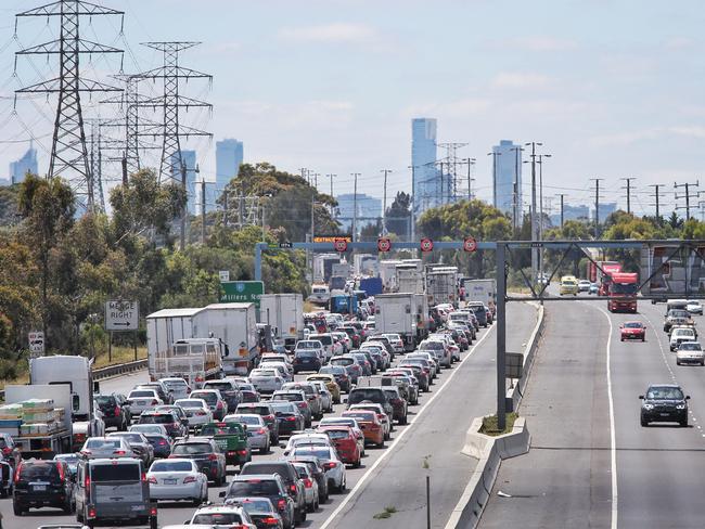 Traffic chaos in the western suburbs on the Westgate Freeway as seen from Grieve Parade, Brooklyn. Picture: Mark Stewart