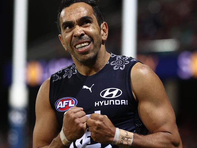 SYDNEY, AUSTRALIA - MAY 30: Eddie Betts of the Blues reacts to a shot at goal during the round 11 AFL match between the Sydney Swans and the Carlton Blues at Sydney Cricket Ground on May 30, 2021 in Sydney, Australia. (Photo by Cameron Spencer/Getty Images)