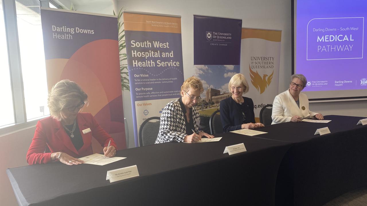 Signing a memorandum of understanding for rural health are (from left) Darling Downs Health's Annette Scott, South West Hospital and Health Service chair Karen Tully, University of Queensland vice-chancellor Deborah Tully and University of Southern Queensland vice-chancellor Geraldine Mackenzie.