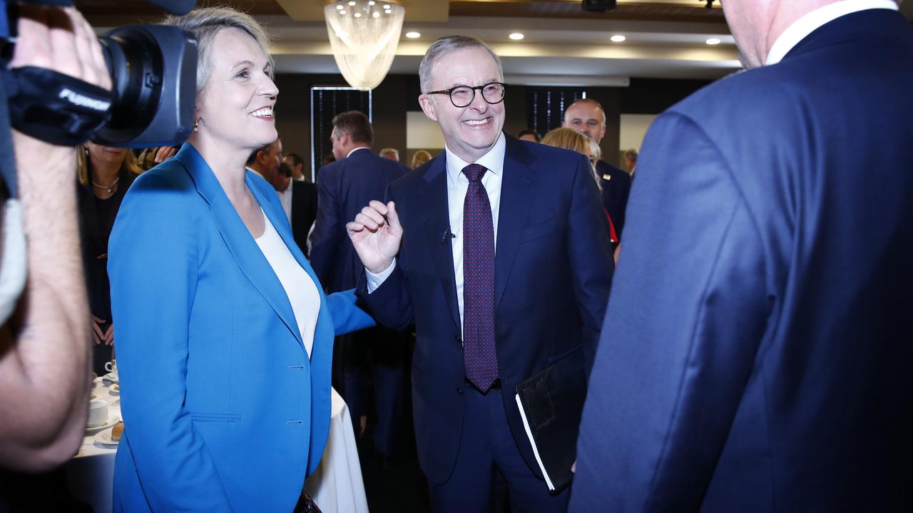 Federal Labor leader Anthony Albanese greeted by Tanya Plibersek after his speech at the National Press Club. Picture: Sam Ruttyn