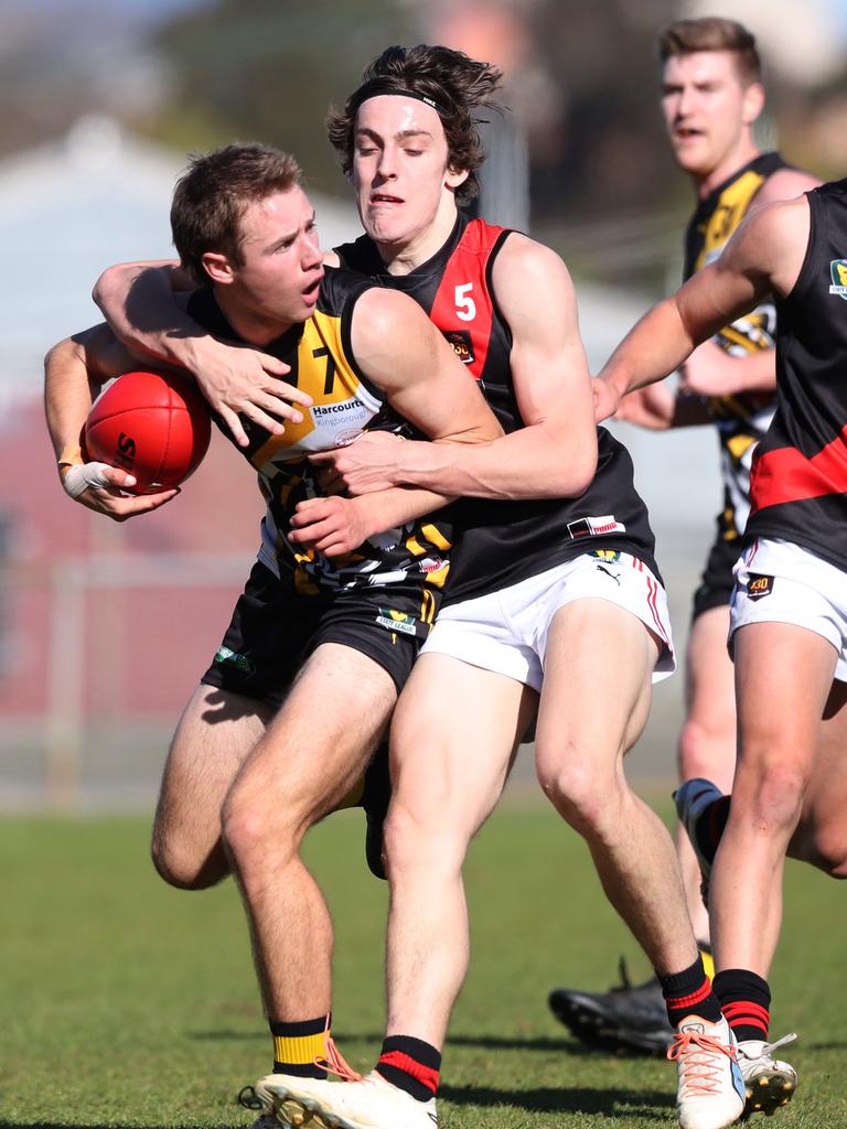 Will Clifford Tigers and Brandon Leary North Launceston. TSL grand final Kingborough Tigers V North Launceston. Picture: Nikki Davis-Jones