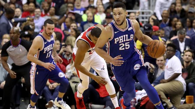 <a capiid="8a8e174ecba401a3fa7c93c558dc89e7" class="capi-video">Simmons stars on NBA debut</a>                     Ben Simmons of the Philadelphia 76ers dribbles the ball against the Washington Wizards. Picture: Getty