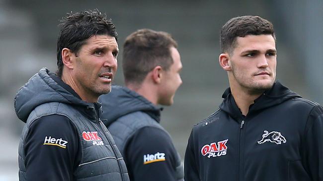 SYDNEY, AUSTRALIA - JULY 11: Nathan Cleary of the Panthers talks to Trent Barrett during the round nine NRL match between the Cronulla Sharks and the Penrith Panthers at Netstrata Jubilee Stadium on July 11, 2020 in Sydney, Australia. (Photo by Jason McCawley/Getty Images)