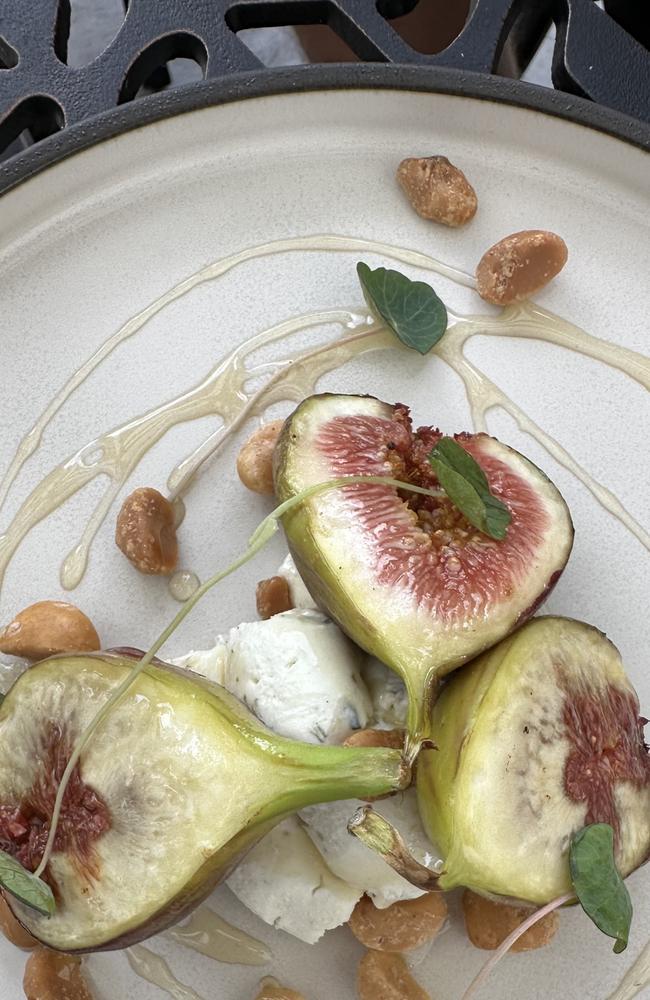 The fresh figs with whipped goats cheese, lavender honey and Yandina macadamias. Picture: Letea Cavander