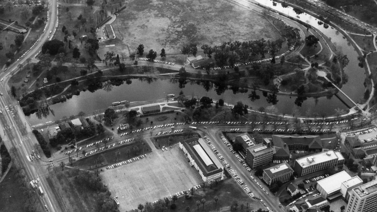 Aerial view of Adelaide’s Torrens River gay beat taken after the drowning murder of law lecturer George Duncan in 1972, allegedly by policemen.