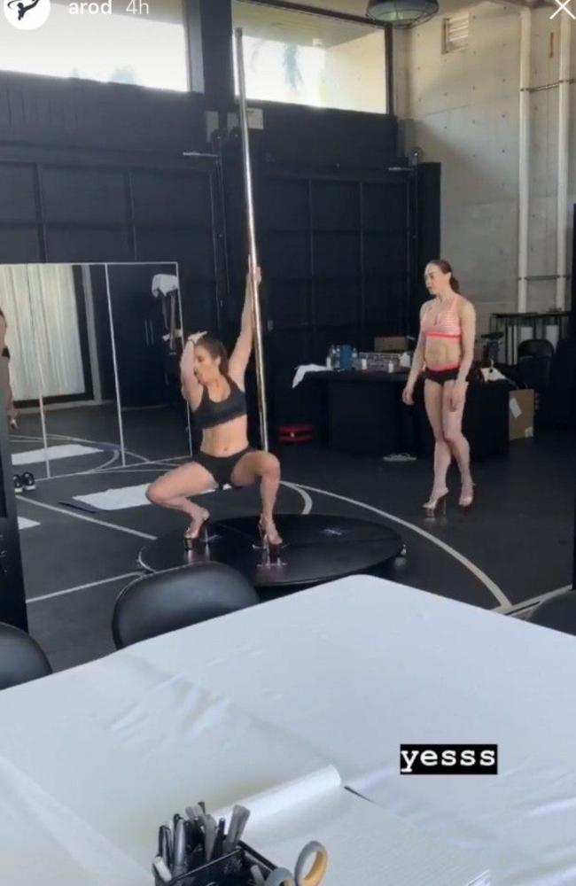 Her fiance Alex Rodriguez posted this snap during pole dancing training for her role in Hustlers. She plays a stripper. 