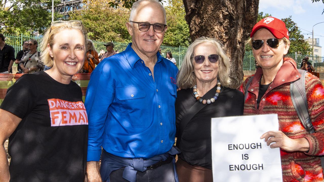 Former prime minister Malcolm Turnbull and his wife Lucy (centre) before The "No More! National Rally Against Violence march in Sydney from Belmore Park on Saturday. Picture: NCA NewsWire / Monique Harmer