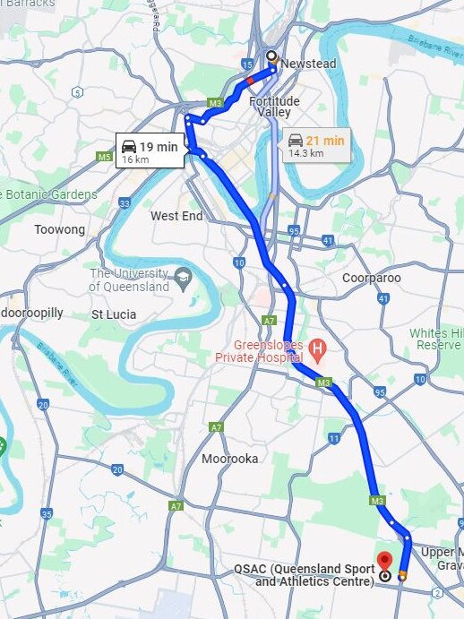 A Google map showing the 19 minute drive from Bowen Hills to QSAC stadium.