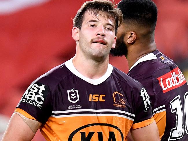 BRISBANE, AUSTRALIA - JUNE 04: Patrick Carrigan of the Broncos looks dejected after a Roosters try during the round four NRL match between the Brisbane Broncos and the Sydney Roosters at Suncorp Stadium on June 04, 2020 in Brisbane, Australia. (Photo by Bradley Kanaris/Getty Images)