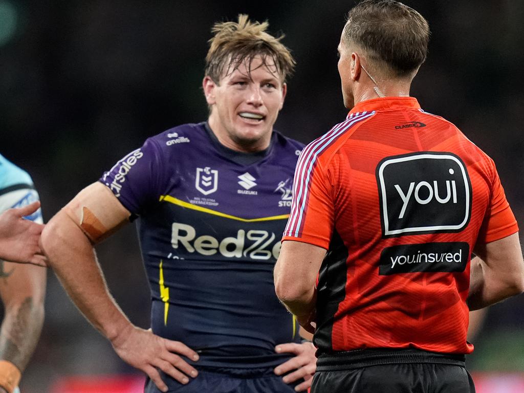 Melbourne Storm hooker Harry Grant is sent to the sin bin by referee Grant Atkins. Picture: NRL Images