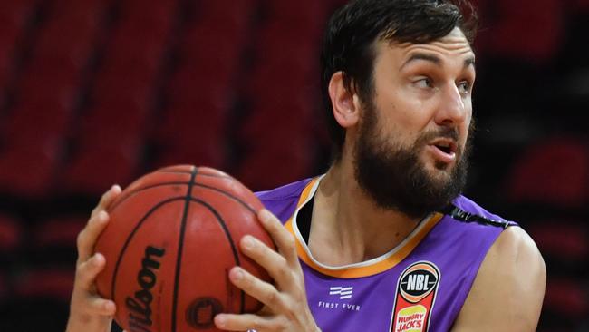 Kings Andrew Bogut during Game 3 of the NBL Finals match between Sydney Kings and Perth Wildcats at Qudos Bank Arena in Sydney. Picture: AAP Image/Mick Tsikas.