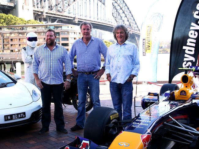 Top Gear Launch at Campbells Cove in the Rocks Jeremy Clarkson, James May, the Stig and Shane Jacobson with Infiniti Red Bull Racing F1 Car, McLaren spider and Honda Bike.