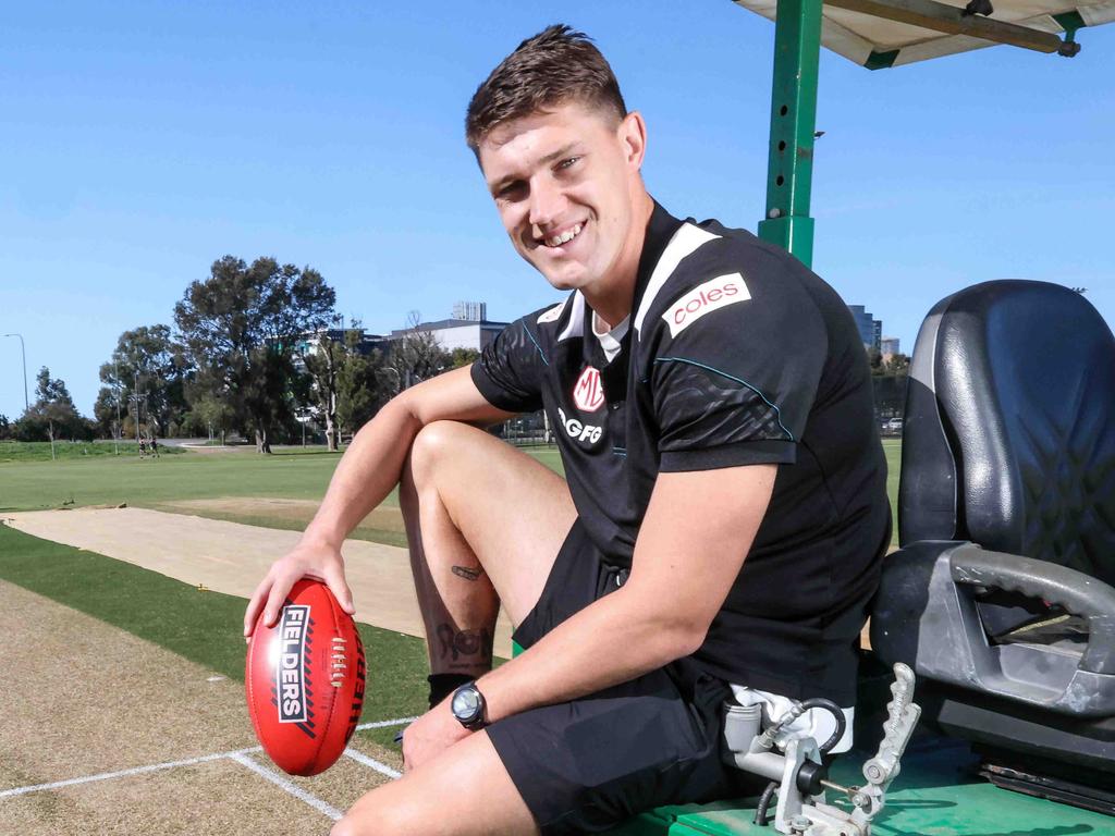 Port Adelaide ruckman Jordon Sweet is doing a work experience as a groundskeeper with the South Australian Cricket Association. Picture: Russell Millard Photography