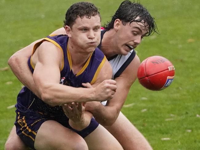 EFL Premier Division football 2023: Vermont v Berwick at Vermont Rec. Reserve. F. Smith (Vermont) and L. Vaughan (Berwick). . Picture: Valeriu Campan