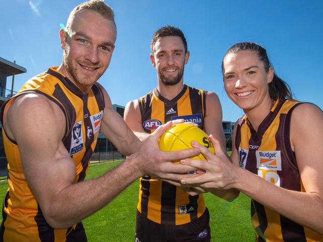 Hawks star Jack Gunson, VFLW hawks player Tahni Nestor, and Andrew Moore  (Box Hill Hawks) for story about Hawks flying high in finals for men and women. Picture: Jay Town