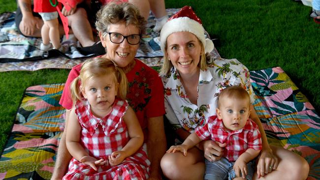 Carols by Candlelight at Riverway 2022. Marlene Thomson and Angela Mathieson with Macie, 2, and Huey, 1. Picture: Evan Morgan