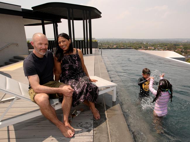 19/01/2020: Graphic Designers Marina and Luke Vanston live in a brand new two bedroom unit with their two kids, Zeke (7) & Harper (5). The inner suburban units include, amongst other things, a communal swimming pool on the roof. Stuart McEvoy/The Australian.