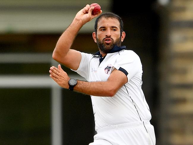 E Ullah of Haig Fawkner bowls during the Victorian Turf Cricket Association Kookaburra Sports / Turner Shield Senior Division match between Yarraville Club and Haig Fawkner at Hansen Reserve in West Footscray, Victoria on Saturday, March 4, 2023.