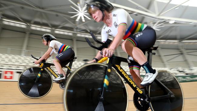 BRISBANE, AUSTRALIA - NewsWire Photos JULY 31, 2020. Two world champions and likely Tokyo Paralympic athletes Emily Petricola and Paige Greco (L) at Anna Meares Velodrome.Picture: NCA NewsWire / Richard Gosling