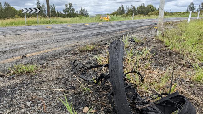 The scene at Marks Road in Woongoolba on the northern Gold Coast on Thursday January 27 after a hoon meet the previous day. Picture: Keith Woods.