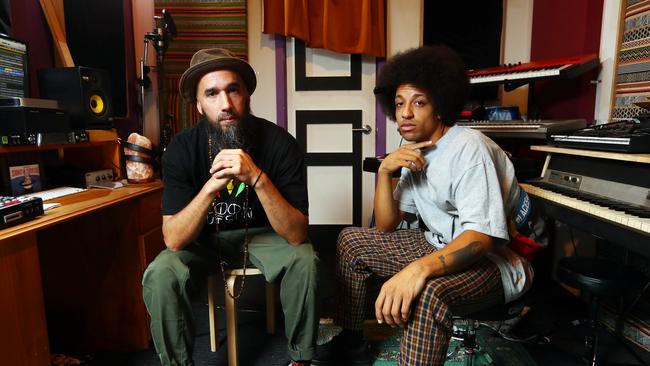 Smith (left) with Kolawole at their Footscray recording studio. Picture: Aaron Francis