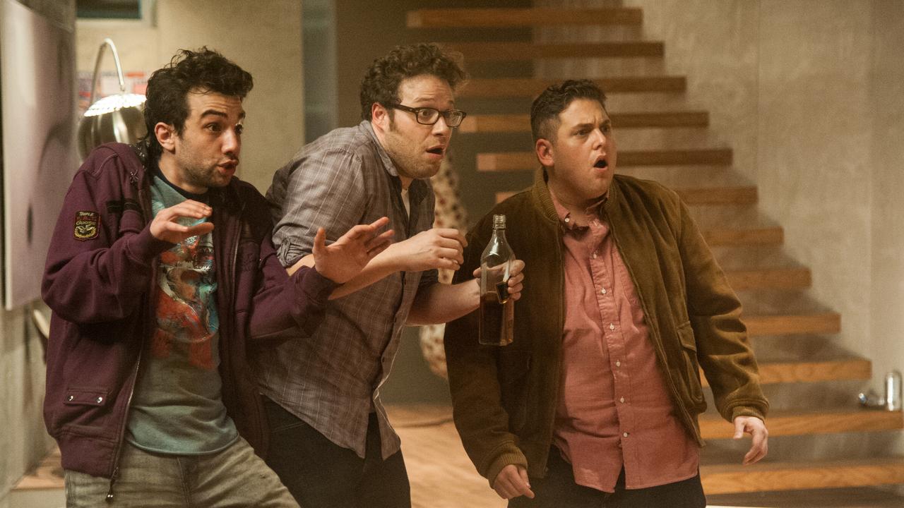 Rogen, centre, now says Watson was ‘put in an uncomfortable position’ during filming. Picture: Suzanne Hanover