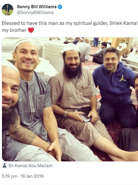 A 2018 post by Sonny Bill Williams (second-left) calling sheikh Kamal Abu Mariam (seated on Mr Williams’s left) his "spiritual guider". Picture: X