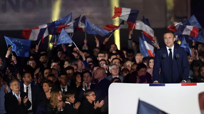 French President Emmanuel Macron during his victory speech on Sunday in Paris. Picture: AFP