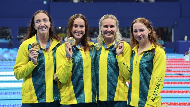 NANTERRE, FRANCE – AUGUST 01: Gold medallists Lani Pallister, Brianna Throssell, Ariarne Titmus and Mollie O'Callaghan of Team Australia pose during the Swimming medal ceremony after the Women's 4x200m Freestyle Relay Final on day six of the Olympic Games Paris 2024 at Paris La Defense Arena on August 01, 2024 in Nanterre, France. (Photo by Xavier Laine/Getty Images)