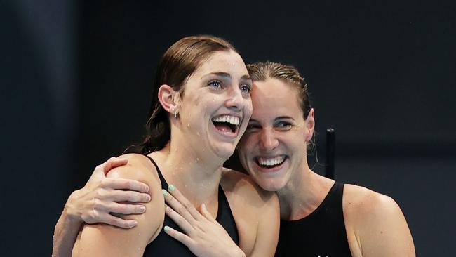 Meg Harris and Bronte Campbell celebrate. (Photo by Al Bello/Getty Images)