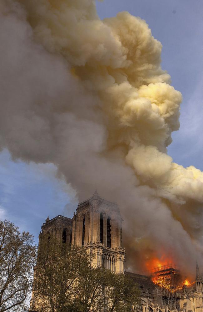 The Notre Dame cathedral burning in Paris. Picture: AP