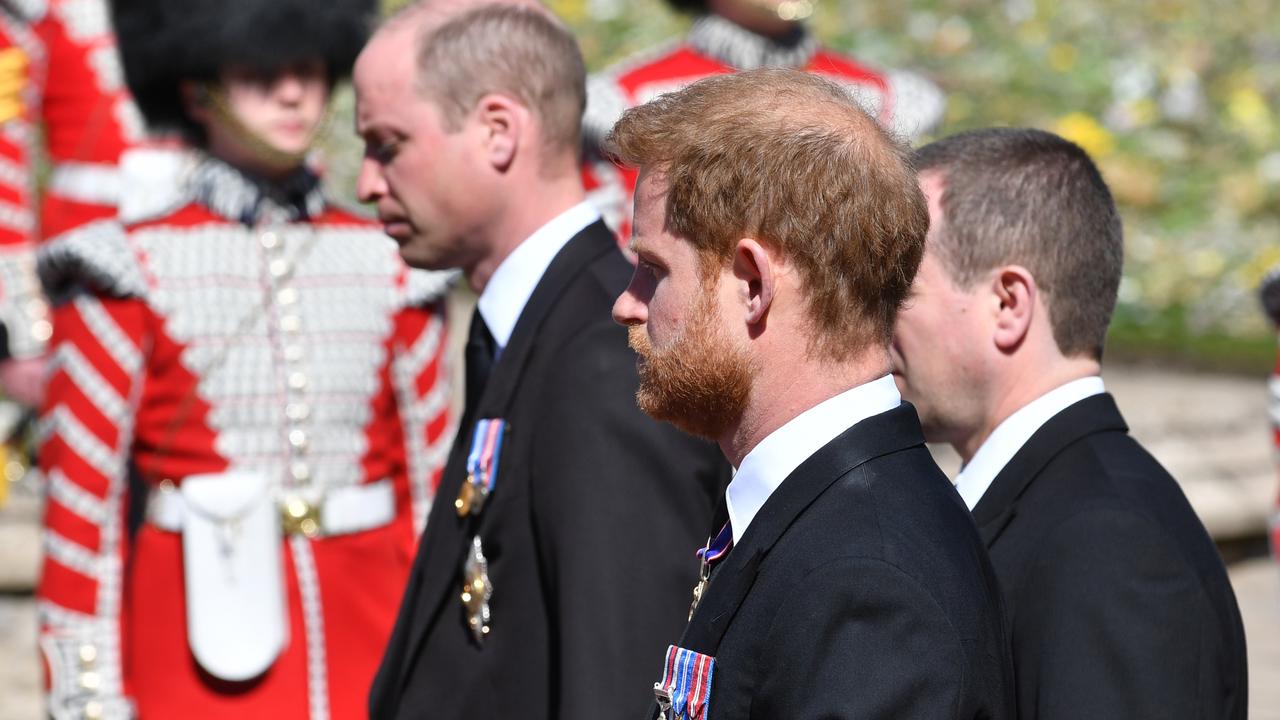 Prince William and Prince Harry reunited for the first time in a year at Prince Philip’s funeral last month. Picture: Mark Large-WPA Pool/Getty Images